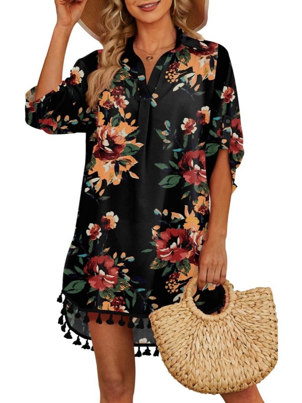 Women's Floral Black Polyester Cover Up Tassel Swimsuit Beachwear Swimwear